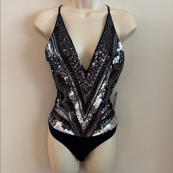 Express Tops - Sequin V-Neck Bodysuit in Black and Silver Timeless Chic Elegant Design Small